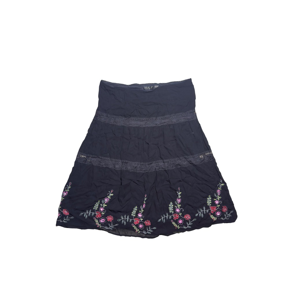 Lola P. Black Floral Embroidered Lace Trim Tiered Midi Skirt
